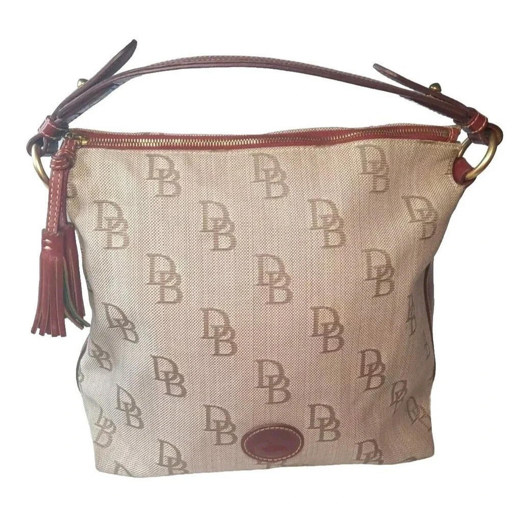 Dooney & Bourke Brown Signature Hobo Canvas Shoulder Bag Leather Trim